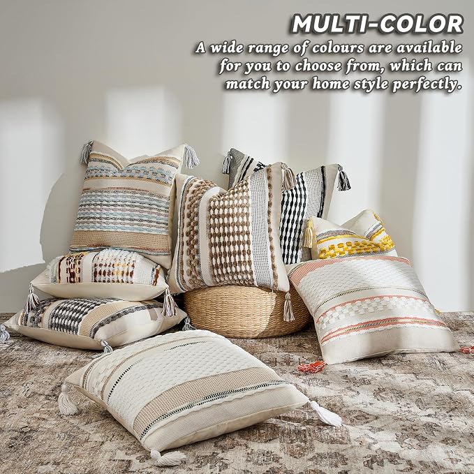 Chenille Striped Textured Boho Throw Pillow Covers Aesthetic with Tassels Woven Decorative Pillow Case for Couch Bed Sofa Bedroom Modern Funky 18 x 18-Inch Black Multicolor