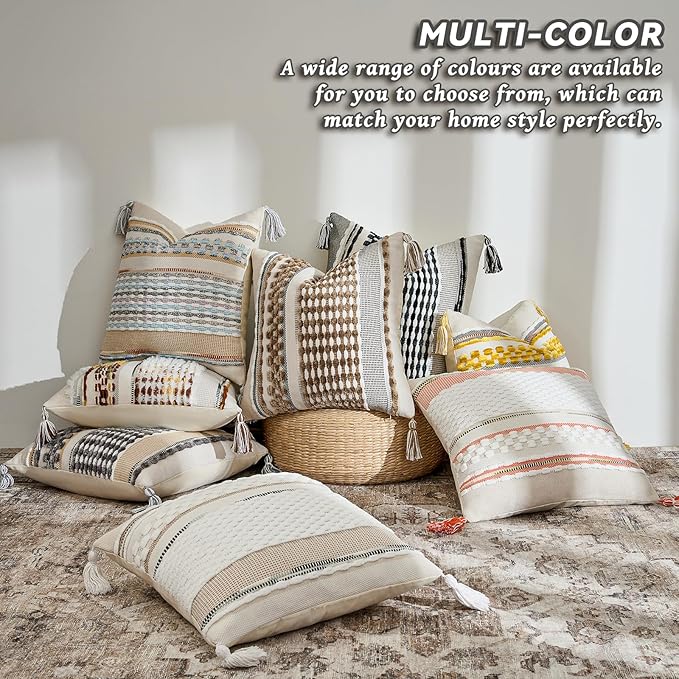 Set of 2 Chenille Striped Textured Boho Throw Pillow Covers Aesthetic with Tassels Woven Decorative Pillow Case for Couch Bed Sofa Bedroom Modern Funky 18 x 18-Inch Grey White