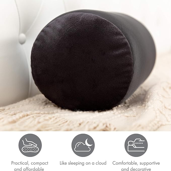 PILLOWY Microbead Bolster Neck Roll Pillow, Gently On Body, Head, Neck & Shoulders No Pain Rest, Relax Sleep - Silky Feel Prevent Wrinkles & Hair Breakage - Lightweight Cylinder Tube, 14" x 8", Black