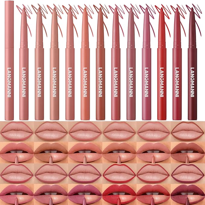 LANGMANNI 12 Colors Sculpting Matte Velvet Lip Liner Set,Smooth Creamy Texture,Waterproof And High Pigmented For Girls Daily Application Lip Makeup