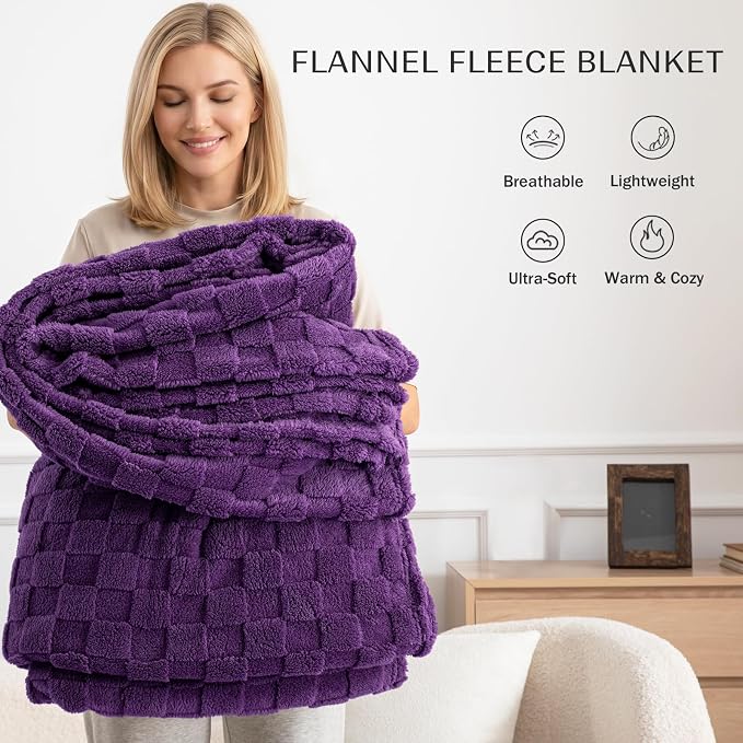 Exclusivo Mezcla 3D Checkered Fleece Throw Blanket for Couch, Purple | Super Soft and Cozy Fluffy Throw, Lightweight and Breathable, Cute Fuzzy Blanket for Sofa, Home Decor, All Season, 50"x60"