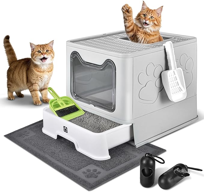 Covered Cat Litter Box, Extra Large Drawer Design with Dual Entry,Pale Grey | 13L litter capacity, adjustable door, leakproof structure, cleaning accessories, complimentary cat litter mat