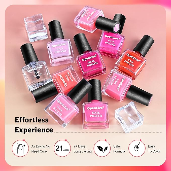 12 PCS Pink Nail Polish Set With 10 Colour Combo, 2 PCS Base and Top Coat, Fast Drying Long Lasting Nail Polish for Holiday Gift Giving 5ML