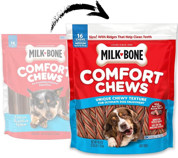 Milk-Bone Comfort Chews, Unique Chewy Texture & Real Beef, 16 Dog Chews | 40.8-oz. bag, For dogs 15-75 lbs., Rawhide-free dog chews, Made with real beef