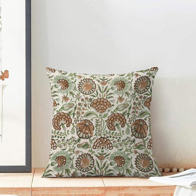 Block Print Pillow Covers 18x18 Inch Pack of 2 Boho Brown Green Floral Decor Throw Pillow Covers Spring Summer Flower Pillowcase Outdoor Farmhouse Decorative Cushion Cover for Couch Sofa