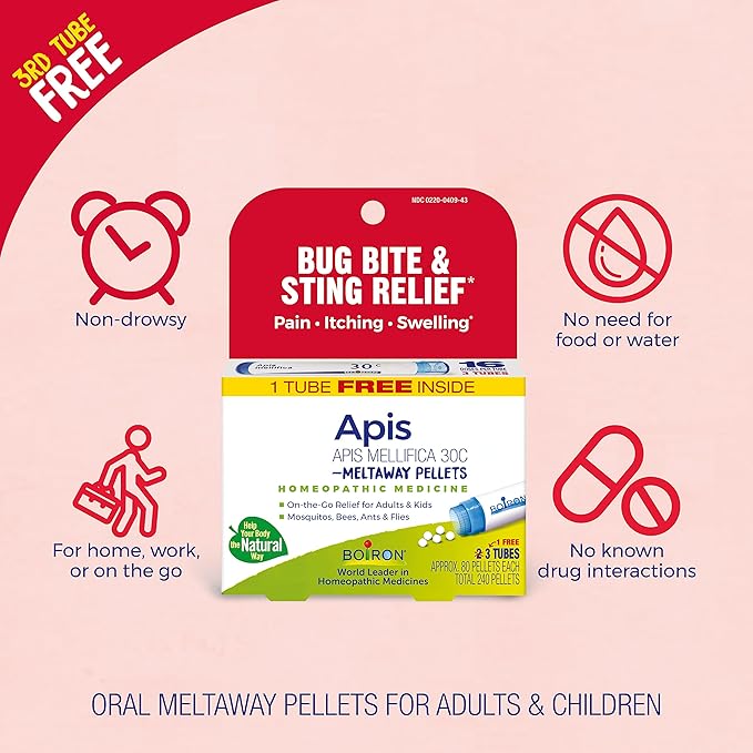 Boiron Apis Mellifica 30C Homeopathic Medince for Relief from Pain, Itching, and Swelling of Bug Bites or Stings - (240 Pellets), 3 Count (Pack of 2)