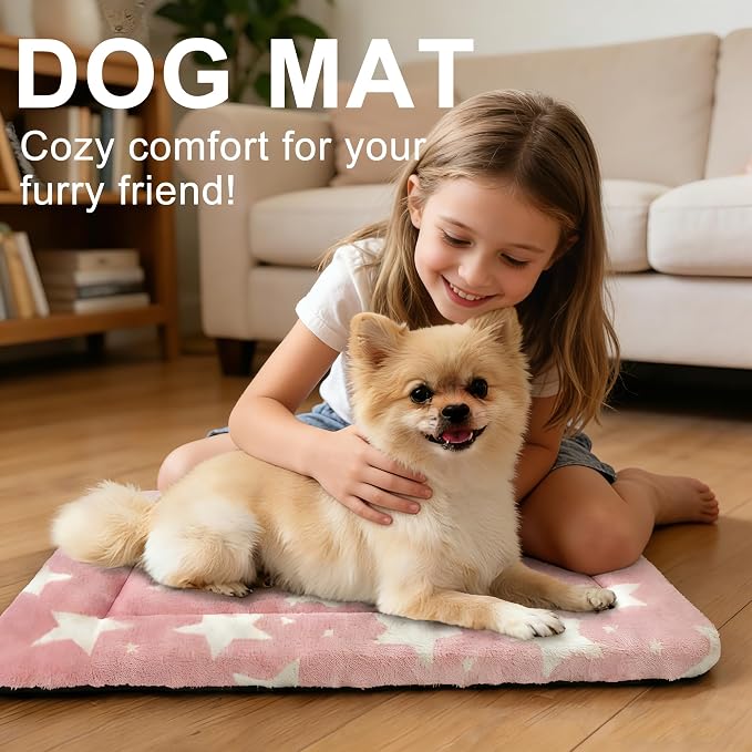 Dog Bed Mat – Soft & Comfortable Dog Kennel Pad for Crate – Durable Crate Bed & Mat for Dogs & Cats – Ideal for Crate, Kennel, and Home Use (Big&Little Stars Pink, S(24"*18"*1.5"))