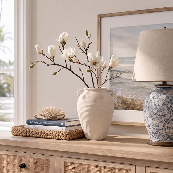 8.7" Beige Ceramic Vase with Handles for Home Decor | Textured ceramic vase with handles; vintage ceramic vase styling; a watertight small decorative vase for flowers and tables