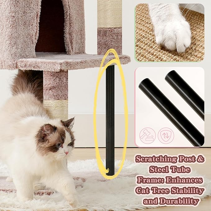 Heybly Cat Tree with Toy, 49.2 inch Cat Tower for Indoor Cats HCT200SMU | Spacious Cat House Condo with Hidden Space，Soft Plush Top Perch，Cozy Hammock and Sisal Scratching Posts, Rosy Brown