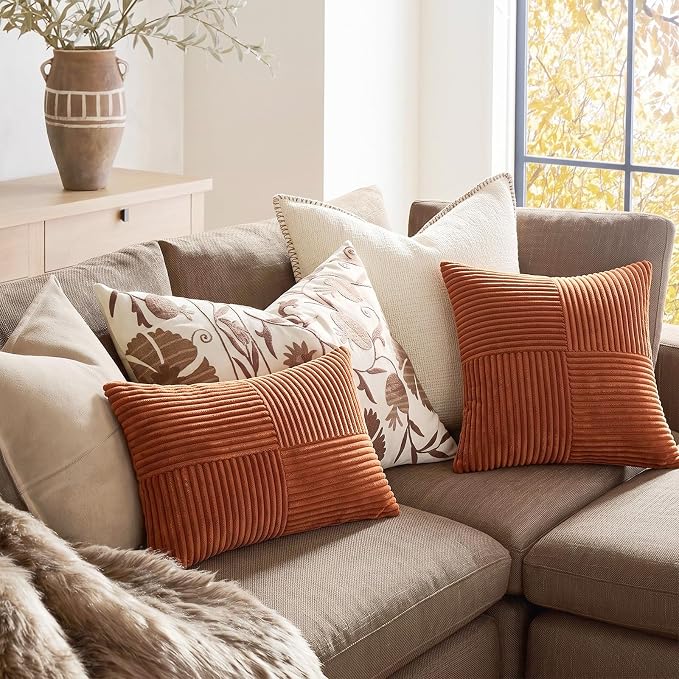 Fancy Homi Set of 1 Rust Square Decorative Throw Pillow Covers 14x14 Inch for Living Room Bedroom Couch Bed Sofa, Soft Striped Corduroy Modern Rectangle Accent Cushion Case 35x35 cm