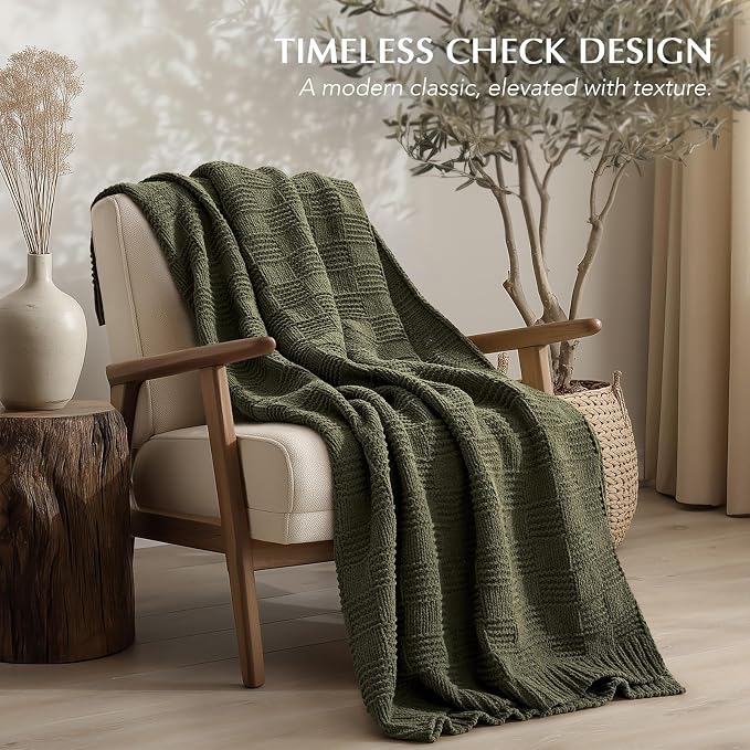 EVERGRACEHOME Modern Checkered Chenille Throw Blanket, 60x80, Olive Green | Lightweight Warmth, All-Season Breathability, OEKO-TEX certified, Timeless Grid Pattern, Farmhouse Throw for Couch, Bed, Sofa