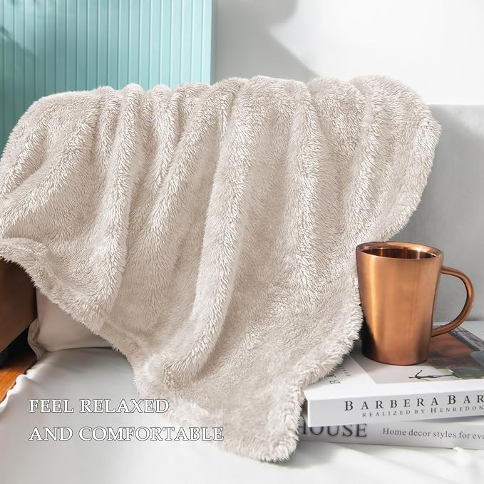Exclusivo Mezcla Fuzzy Large Fleece Throw Blanket for Couch, Beige | 50x70 Inches, Super Soft and Cozy Throw, Plush Fluffy Blanket for Sofa, Bed, Bedroom, Home Decor, All Season