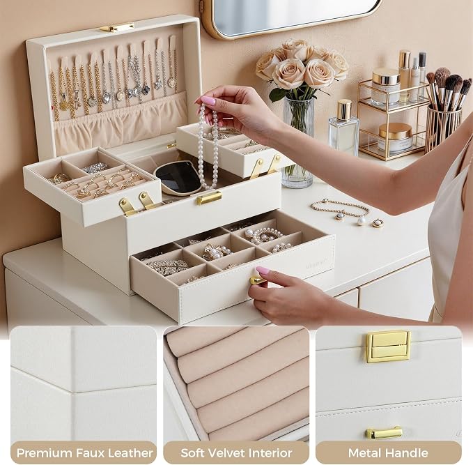 Jewelry Organizer Box, Large Jewelry Boxes for Women Girls, Space-Saving 3 Layers Jewelry Storage Case with Drawer, Movable Metal Stand, Modern, Gift Idea (Cloud White + Gold)