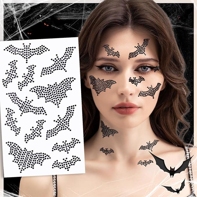 YGDZ Face Gems, Halloween Face Jewels Stickers, Spider, Bats, Snakes Hair Gems for Women, Black Stick On Rhinestones for Halloween Makeup, Rave Accessories