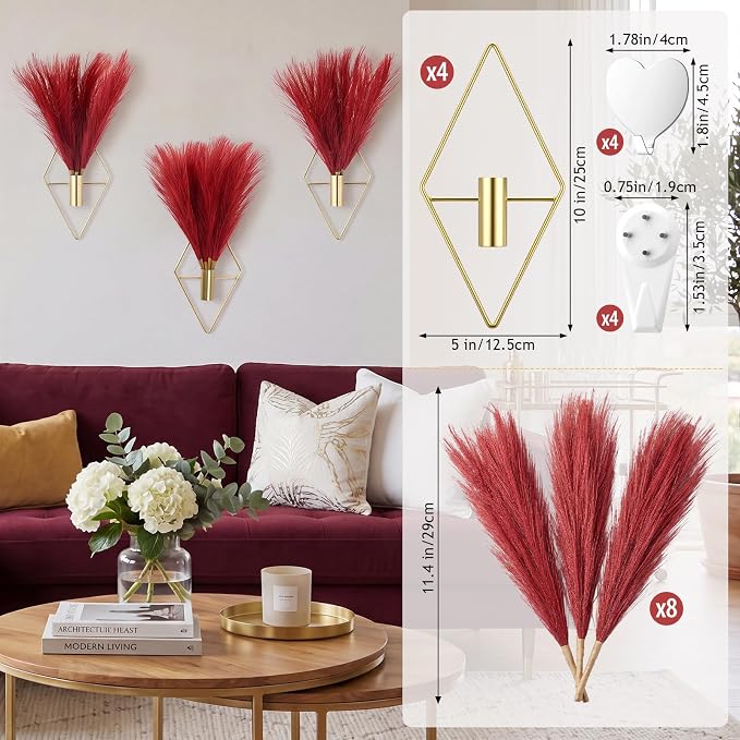 Hanaive 4 Sets Boho Wall Decor Metal Wall Art Hanging Planters with Artificial Pampas Display Modern Home Vase for Bedroom Home Office (Brilliant,Burgundy)