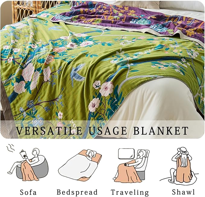 Boho Throw Blanket Farmhouse Decor Throw Blanket Bohemian Blanket for Bed 100% Cotton Muslin Woven Couch Blanket All Seasons Quilt Bedroom (I-Green, 50"x60")