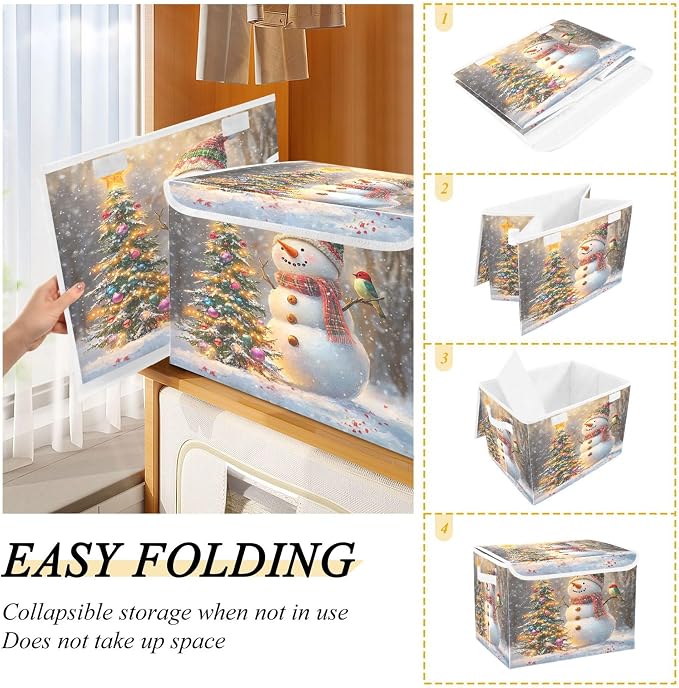 Whimsical Snowman Storage Bins with Lids and Carrying Handle,Foldable Storage Boxes Organizer Containers Baskets Cube with Cover for Home Bedroom Closet Office Nursery