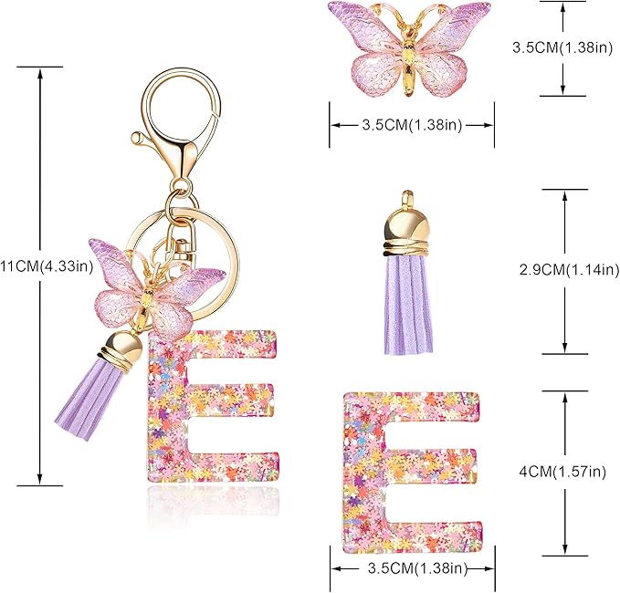 Fashion Alphabet Initial Letter Keychain Tassel Butterfly Pendant Key Ring for Purse Handbags Women Girl