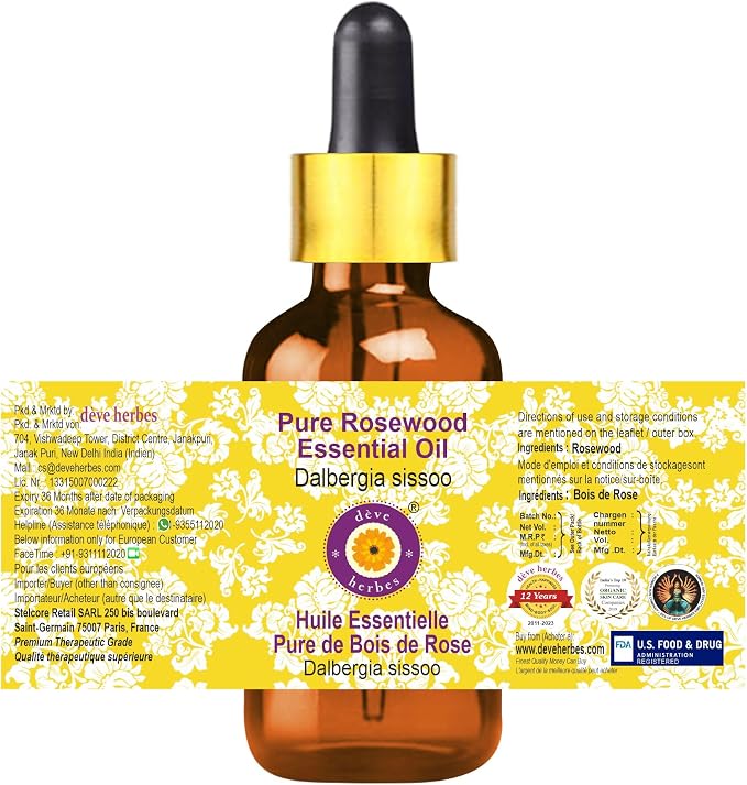 Deve Herbes Pure Rosewood Essential Oil (Dalbergia Sissoo) with Glass Dropper Steam Distilled 100ml (3.38 oz)