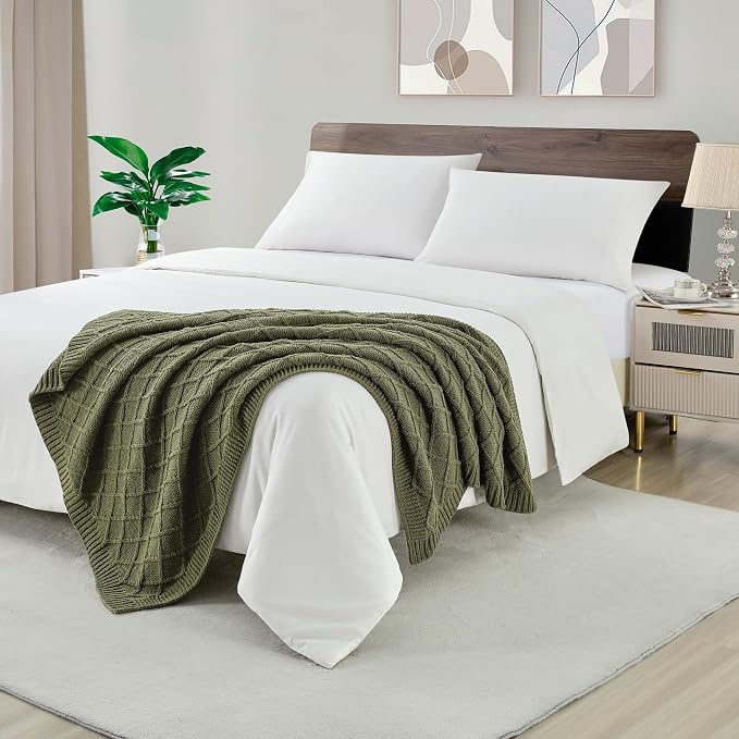 CREVENT Farmhouse Boho Knitted Throw Blanket for Couch Sofa Chair Bed Home Decoration, Soft Warm Cozy Light Weight for Spring Summer Fall (50''X60'' Chenille Green)