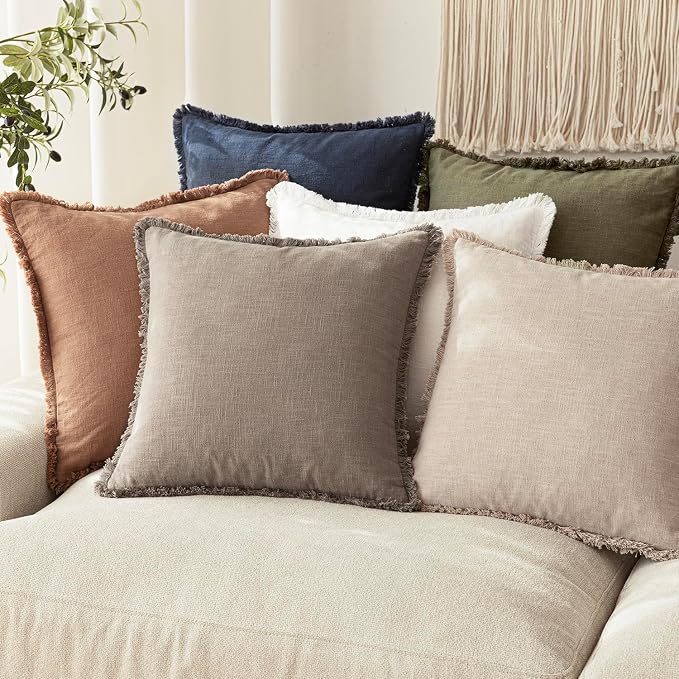 Foindtower Set of 2 Decorative Linen Fringe Throw Pillow Covers Boho Farmhouse Cushion Cover with Tassels Soft Accent Pillowcase for Couch Chair Sofa Bed Living Room Home Decor,18×18 Inch,Brown Tan