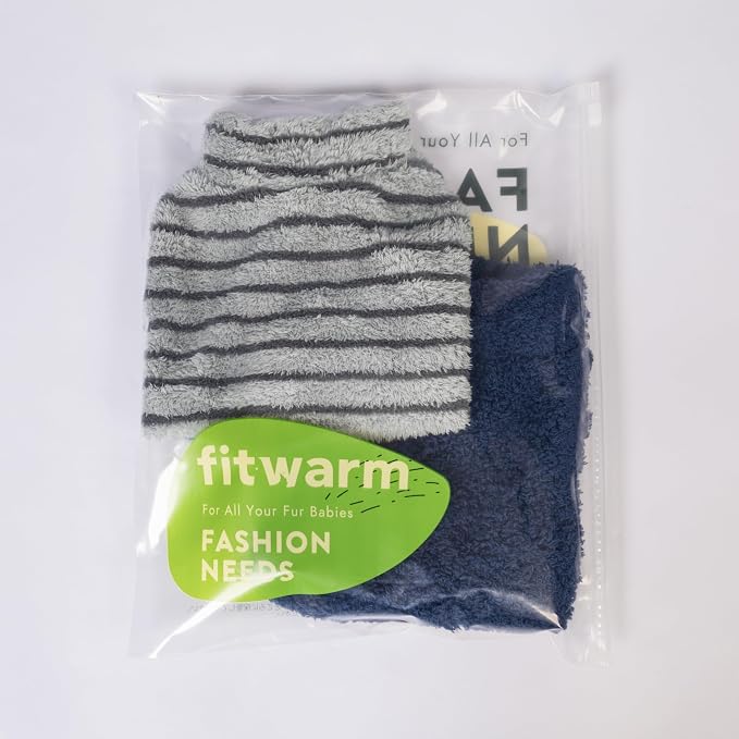 Fitwarm 2 Pack Striped Fleece Dog Sweater, Warm Winter Dog Clothes for Small Dogs Boy Girl, Fuzzy Pet Outfit, Doggy Pullover Jumper, Grey, Navy, Small