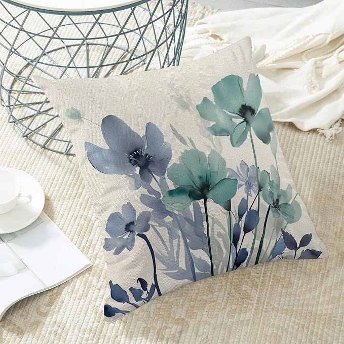 Spring Floral Pillow Covers 18x18 Inches Set of 2 Blue Teal Floral Throw Pillow Cover Outdoor Summer Flower Decoration Pillowcase Farmhouse Decorative Square Cushion Cover for Home Couch Sofa