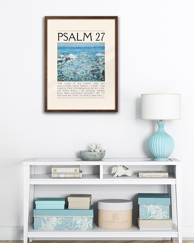 EcoHest 12x16 in Psalm 27 Ocean Framed Bible Verse Christian Wall Art | Walnut Color Solid Oak Frame， Canvas Wall Art, Coastal Scripture Wall Decor for Bedroom, Living Room, Office, Church, 1Pack