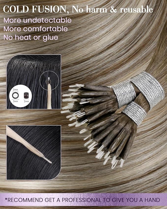 LaaVoo Nano Bead Hair Extensions Medium Brown Balayage Blonde Nano Hair Extensions Real Human Hair 20 in 50g 50s