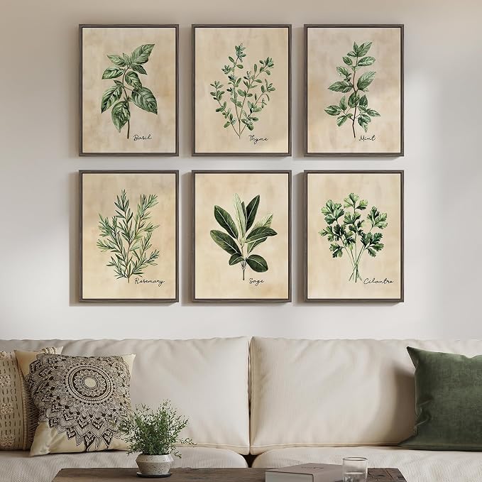 Framed Rustic Botanical Wall Art Set for Living Room, Sage Green Herb Canvas Prints Artwork for Walls, Modern Farmhouse Plant Leaf Pictures Wall Decor for Bedroom Dining Room Hallway, 12x16 Inch