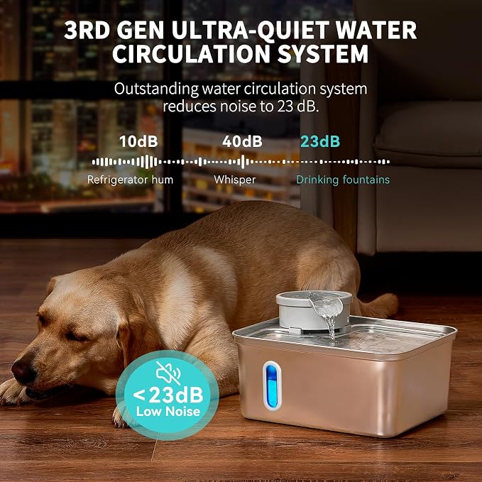8L/270oz Stainless Steel Large Dog Water Fountain Dispenser Bowl | Premium stainless steel filtered dog water bowl and quiet large dog fountain. Visible water level window, great for cats.