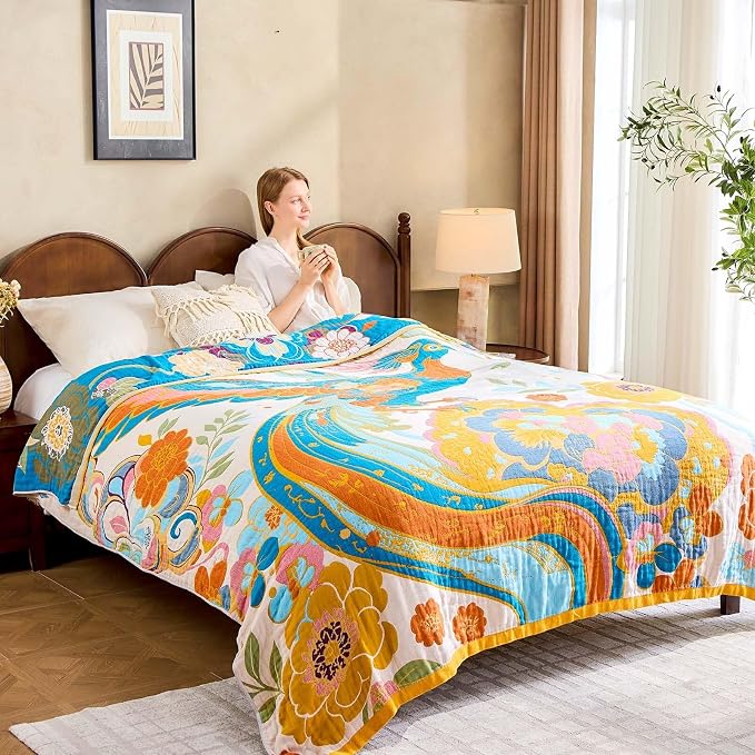 XIBLC Boho Throw Blanket, Lightweight Blankets for Summer, 100% Cotton Bohemian Decorative Throw Blanket, 50"x60" Reversible Muslin Breathable Woven Farmhouse Blankets Quilt,