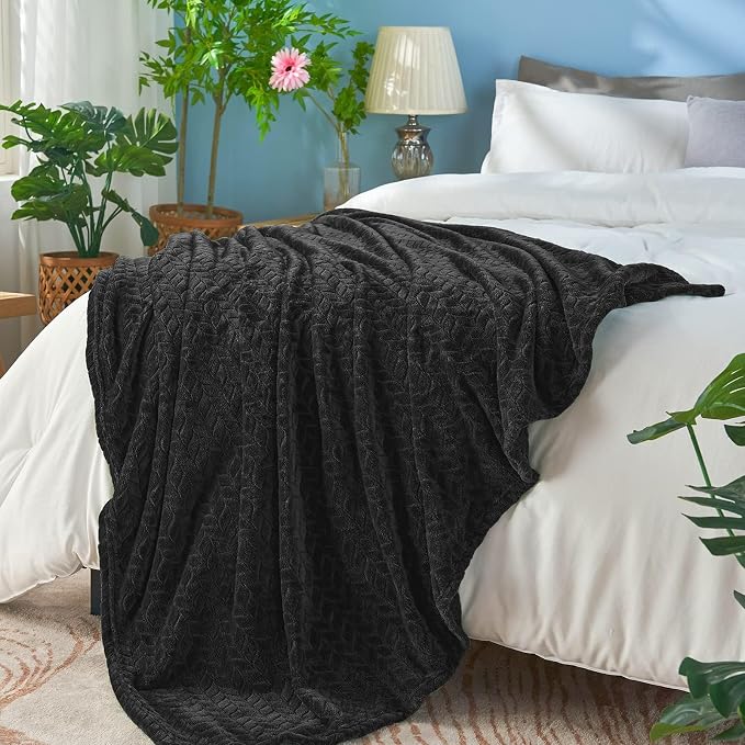 inhand Black Fleece Queen Blanket for Bed, Super Soft Flannel Cozy Blankets for Adults, Lightweight Leaves Pattern Fuzzy Blanket for Office,Travel, Warm Plush Blankets for All Season, 90x90 Inches