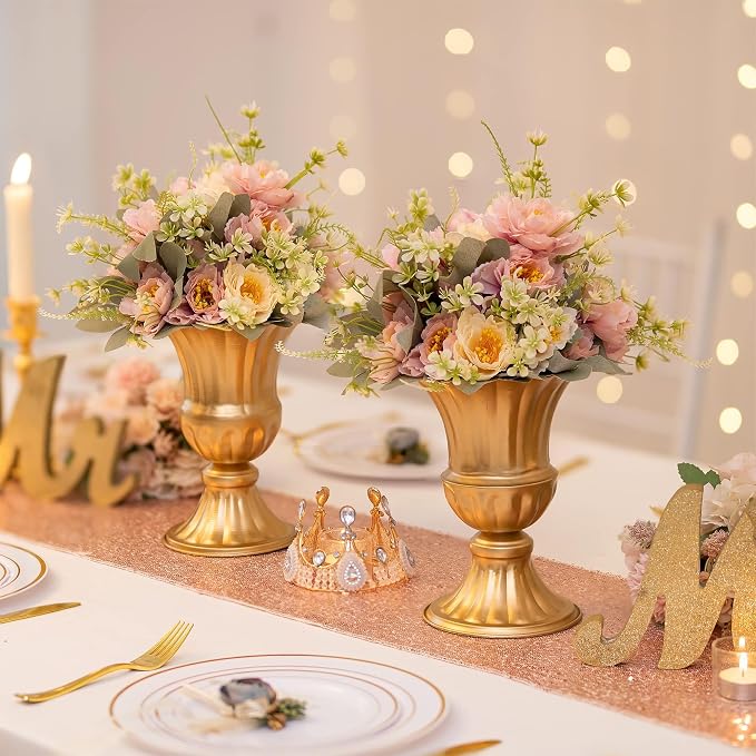 Sziqiqi Gold Metal Vase for Centerpiece, Table Flower Arrangements, 2Pcs | 9in Tall Compote Vase, Trumpet Urn Vase for Decoration, Planter Pot for Artificial Flower, For Reception, Home, Party Decor