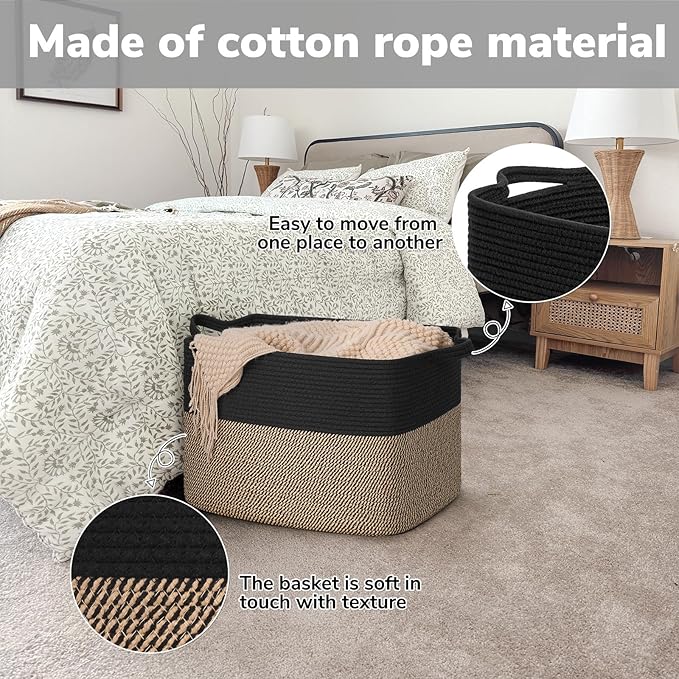 Goodpick 50L Large Woven Storage Basket, 18" x 14" x 12", Black Jute | Decorative Gift Basket for Nursery & Bedroom Organization, Wicker Baskets for Blankets, Pillows & Toys Storage, Rectangle