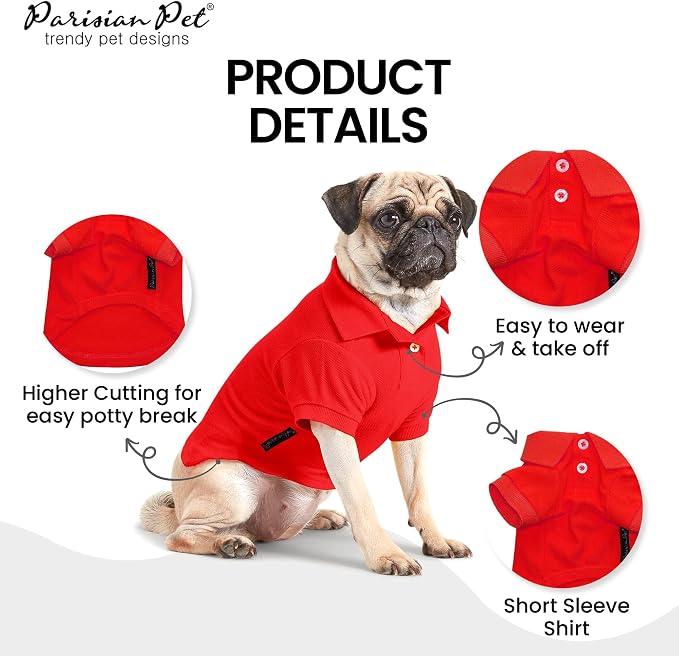 Parisian Pet Dog Polo Shirt – Classic Red Cotton Pet Apparel with Collar & Buttons, Soft Breathable Puppy T-Shirt, Cute Dog Clothes - Ideal Summer Clothes for Large Dogs - Shirts for Dogs Boy Girl