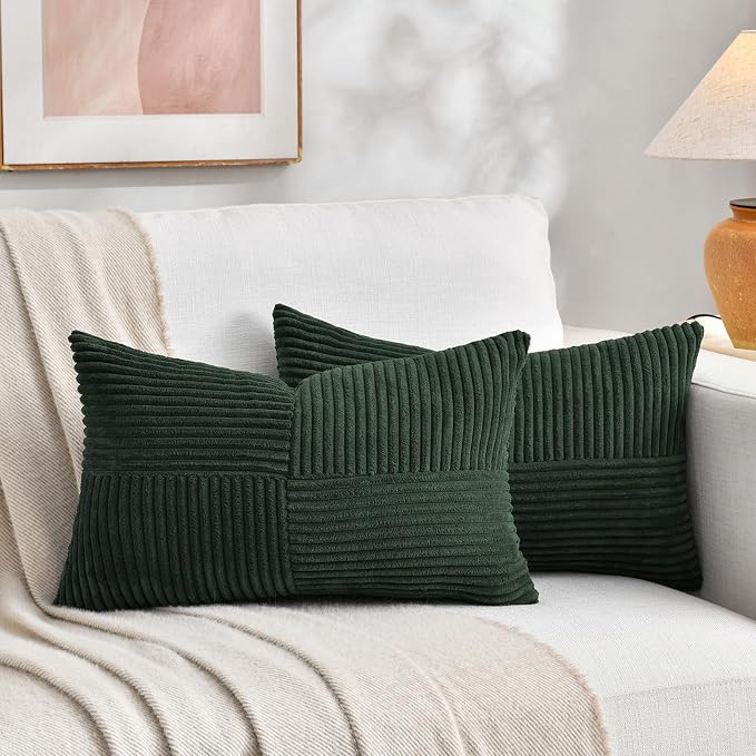 Fancy Homi Dark Green Lumbar Decorative Throw Pillow Covers 26x16 Inch for Living Room Couch Bed, Boho Farmhouse Forest Green Home Decor, Soft Corduroy Corss Patchwork Cushion Case 40x65 cm