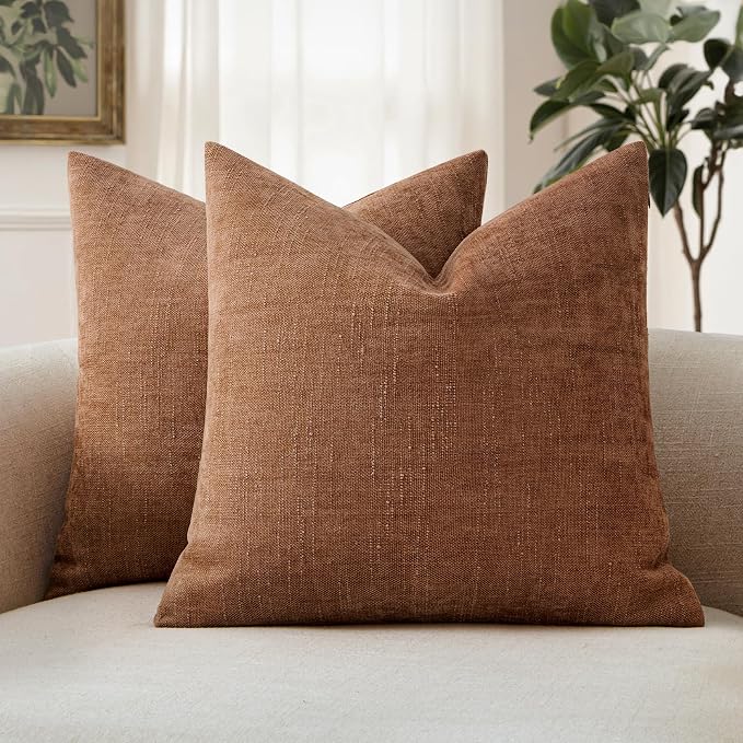MIULEE Textured Chenille Throw Pillow Covers 18x18 Inch Pecan Brown | Pack of 2 Decorative Soft Throw Pillows, Solid Textured Cushion Covers, Modern Home Decor for Couch Sofa Bedroom Living Room