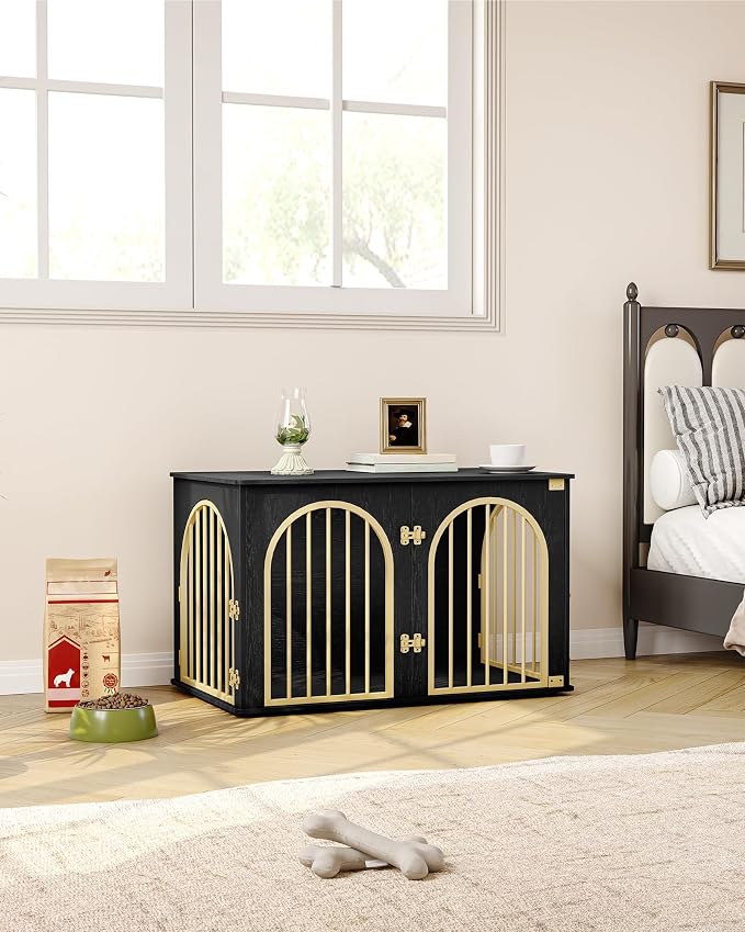 Hzuaneri 39.4'' Dog Crate Furniture,Dog Kennel Indoor for Medium/Large Dogs | Dog Kennel Furniture Wooden Dog Cage Heavy Duty Dog Crate Decorative Pet House End Side Table TV Stand,Black Gold DFC84104A