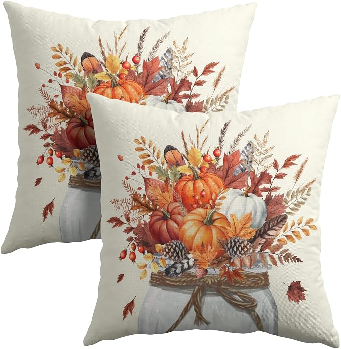 Kawani Rustic Autumn Throw Pillow Covers 20x20 in, Pack of 2 Fall Orange Pumpkin Leaves Vase Farmhouse Decorative Cotton Linen Cushion Cases for Couch Bed Sofa Porch Indoor Outdoor Decor