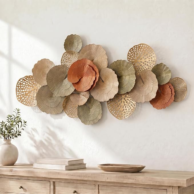 Axioglo 67" Large Wall Decor 3D Lotus Leaf Metal Wall Art for Living Room | 67" x 25" metal wall decor with layered metal texture, mounting hardware, two-way display