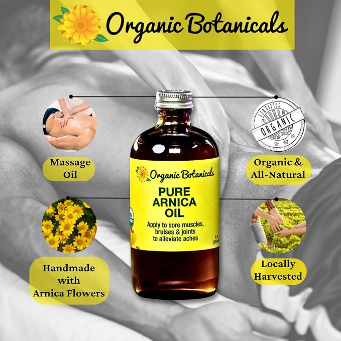 Arnica Oil - Pure Organic Muscle Discomfort Bottle - Arnica Montana Oil for Bruising & Swelling, Muscle, Joint Discomfort, and Sports Injuries, Arnica Massage Oil (4 oz)