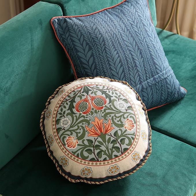 Vintage Linen Throw Pillow Cover,Set of 2,Diameter 16"-Naples B | Designer Elegant Round Pillow Cover,Concealed Zipper Design,Floral Pattern,Sofa,Bedroom,Living Room,Lounge Chairs