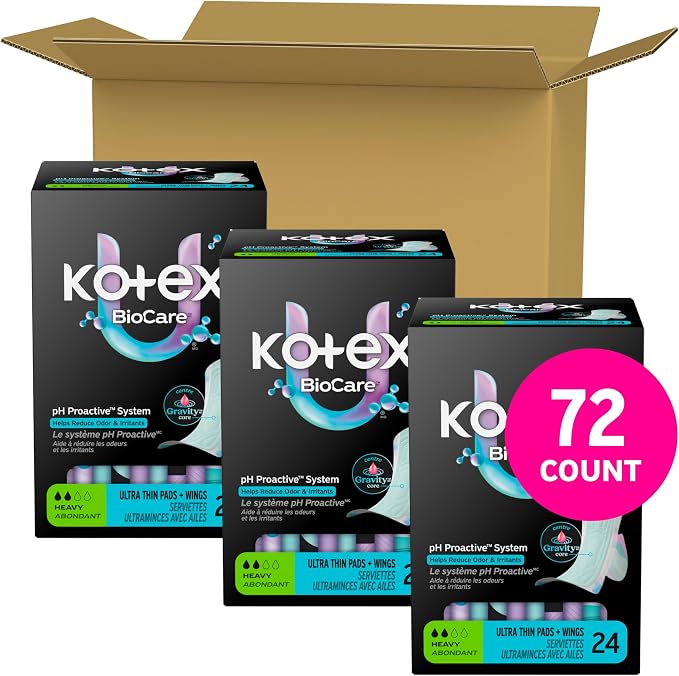 Kotex BioCare Ultra Thin Pads with Wings, Heavy Absorbency, 72 Count (3 Packs of 24)(Packaging May Vary)