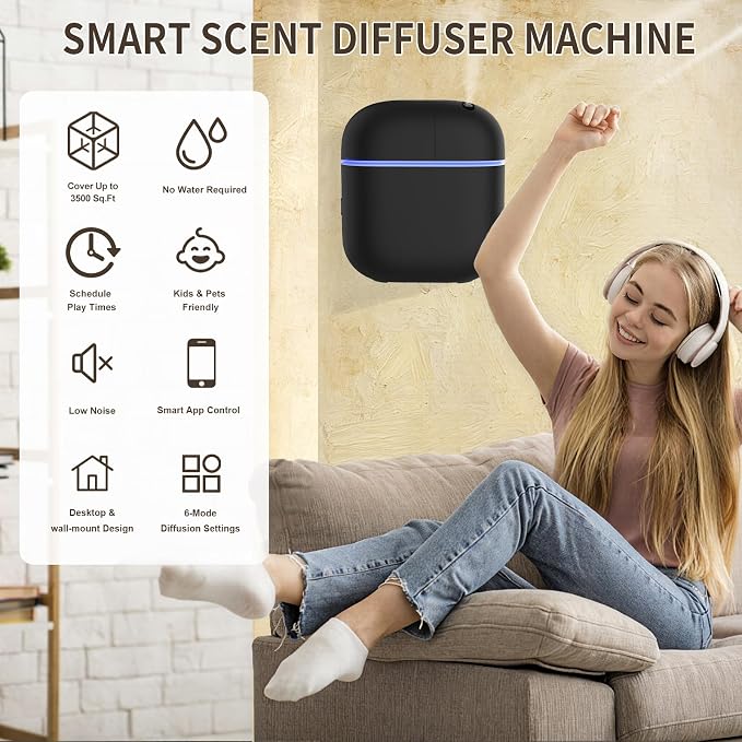 Hotel Scent Diffuser Kit for Home, Includes 2 Premium Oils, Waterless Essential Oil Aromatherapy Diffuser Cover 3500 Sq.ft. App Control,Powerful Nanotechnology System for Large Room Office Spa-Black