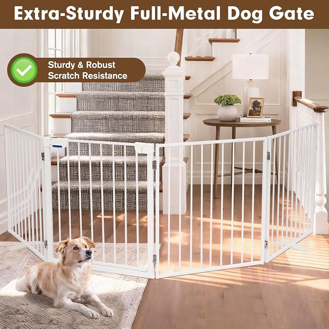 104" Extra Wide Dog Gate, Heavy Duty Metal Freestanding Dog Gate with Door for Indoor & Outdoor, Foldable Pet Fence for Doorways,House,Porch,Deck,Yard,Stairs, Auto Close(4 Panels,White)