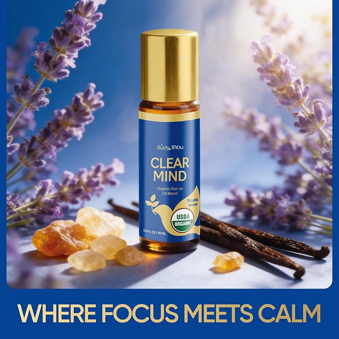 BodyJ4You Focus Essential Oil Blend - Mental Clarity Study Concentration | 100% Pure USDA Organic Jojoba MCT Lavender Frankincense - Clear Mind Roller Ball Roll-On Meditation Wrists - Amber Glass 10ml