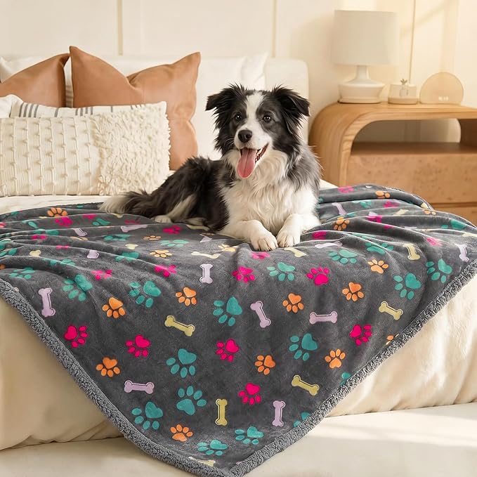 Luciphia Waterproof Dog Blanket Reversible Sherpa Fleece for Large Dogs Cat | Soft Print Pet Blanket Washable Pee Proof, Furniture Protector for Couch Sofa Bed Car, Cozy Throw (57" x 40", Grey Bone)