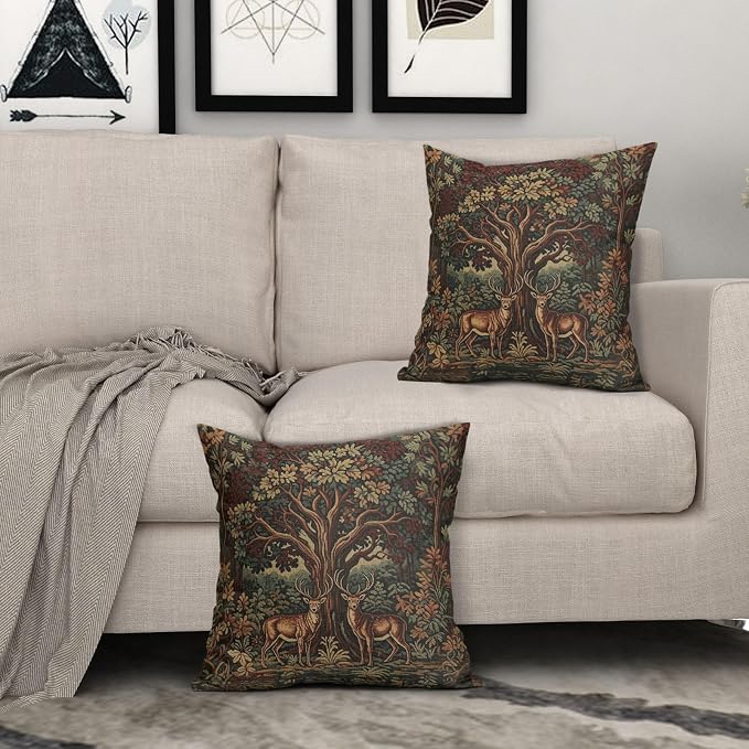 Forest Deer Pillow Covers 18X18 Inch Set of 2 Nature Burnt Orange Green Tree Animal Decorative Square Pillow Cases Aesthetic Rustic Botanical Cushion Case Farmhouse Home Decor for Sofa Couch