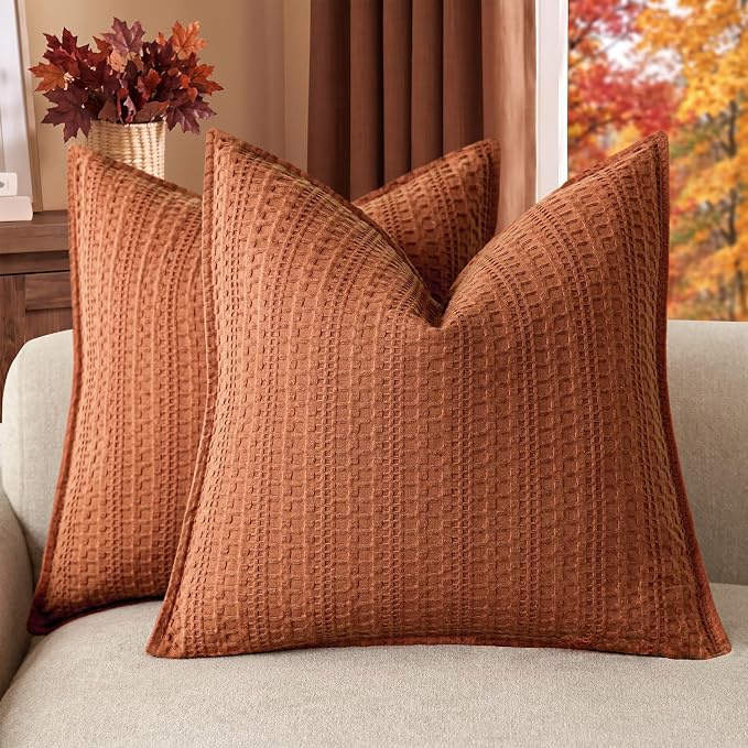 Foindtower Set of 2 Decorative Cotton Waffle Weave Throw Pillow Covers Euro Shams Cushion Covers Accent European Pillowcase for Bed Couch Sofa Bedroom Living Room Home Decor 22×22 Inch Burnt Orange